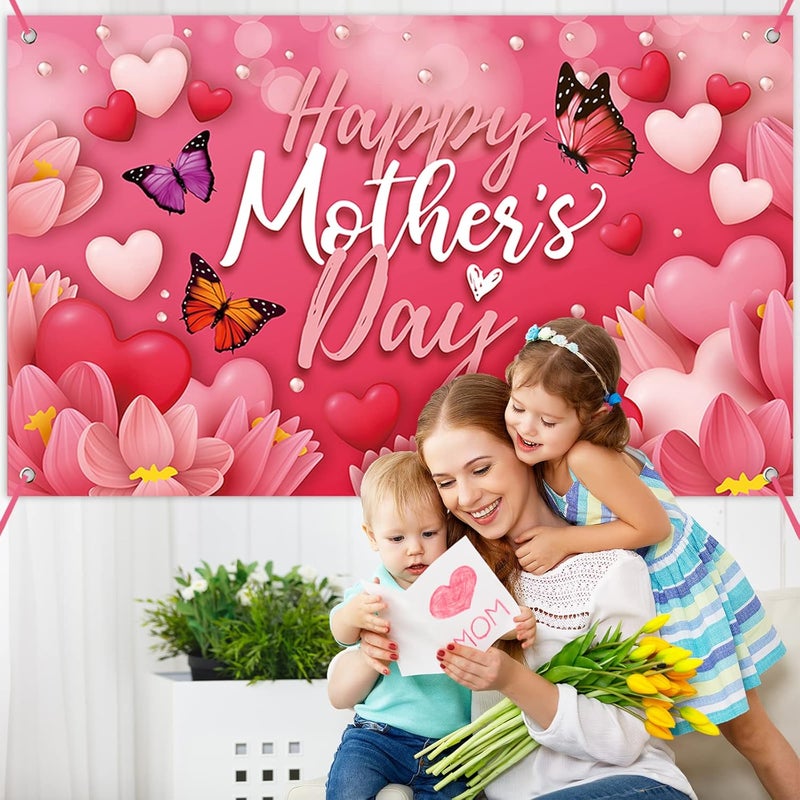 Sophena Large Happy Mother's Day Banner Decorations Mothers Day Flag Outdoor 71x44 Inch,Mom Gifts for Indoor Home House Decor Party Supplies,Yard Sign Background for Photography, Red Pink Heart Flowers - Image 2